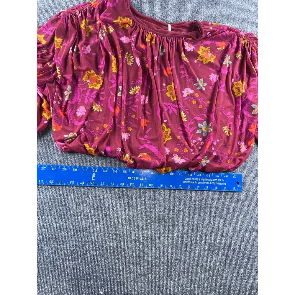 Free People Floral Mesh Bubble Hem Top Burgundy Pink Balloon Sleeve Small